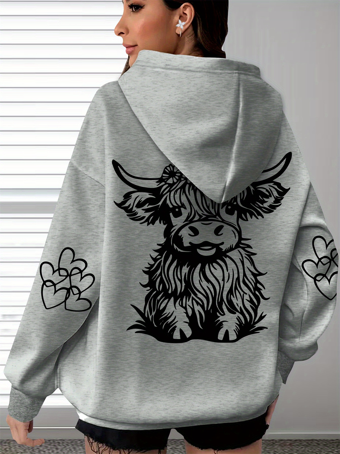 womens oversized cozy hoodie with highland cow print paw   soft long sleeve pullover brown polyester casual wear for everyday   details 25