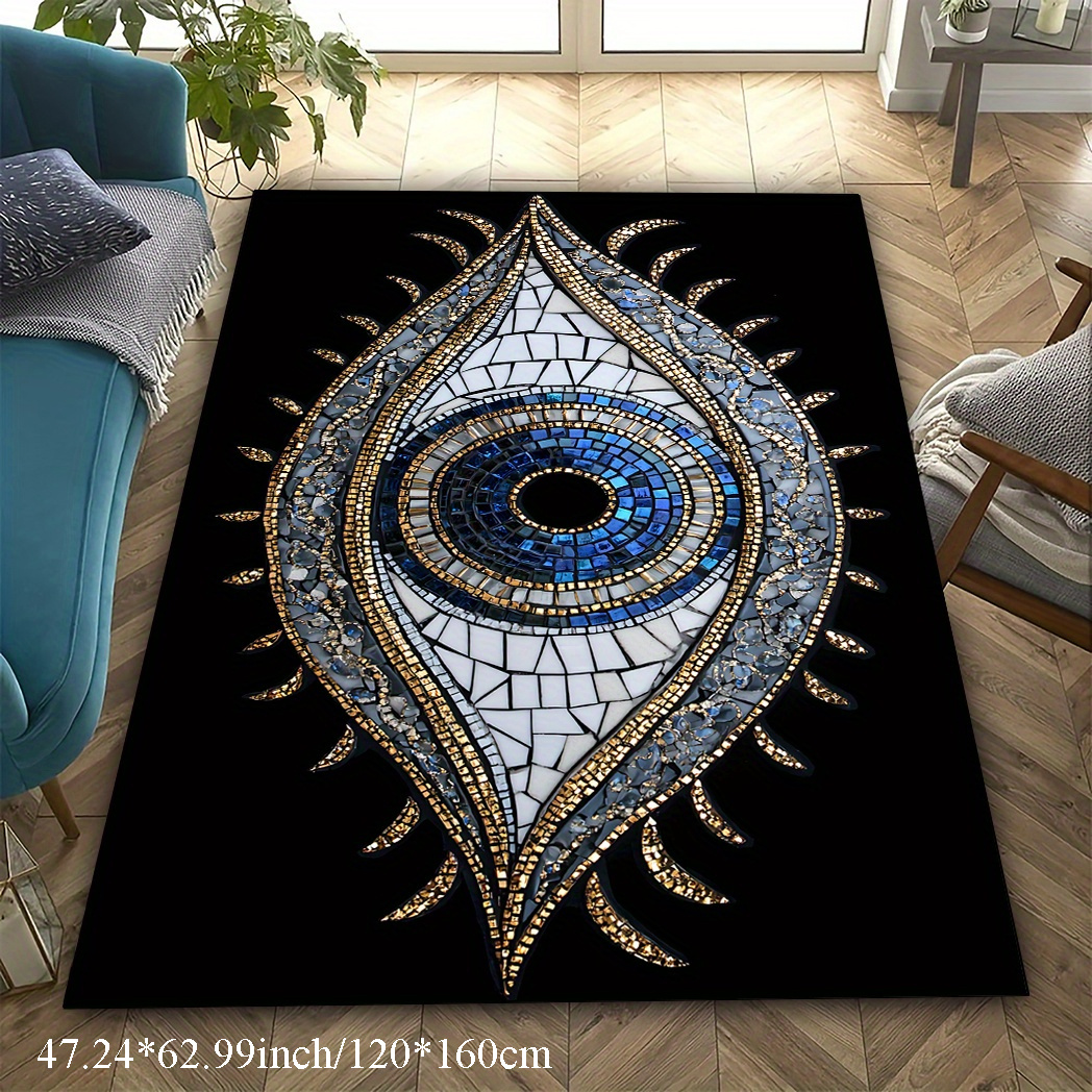 TEMU Product 1pc Evil Eye Pattern Area Mat - Large, Machine Washable, Non-slip Floor Mat, Blue And Golden Mosaic Design, Durable, Suitable For Living