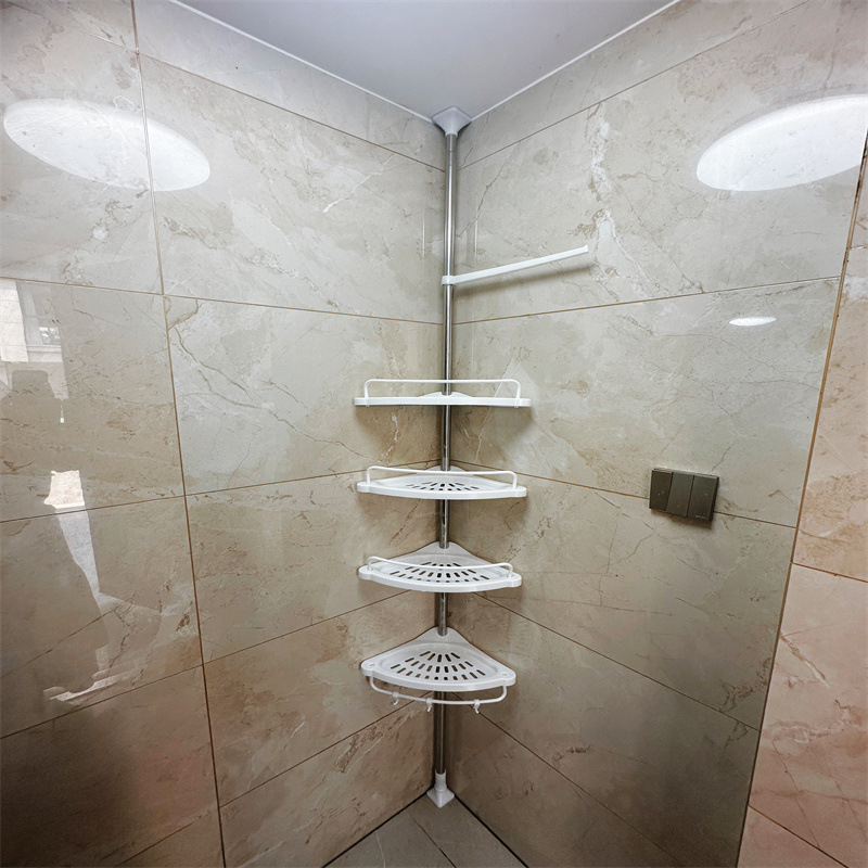 TEMU No-drill Bathroom Organizer, 4-tier Thickened Adjustable Corner Shelf With Retractable Design, Rotating Towel Rack, White Plastic Trim And Metal