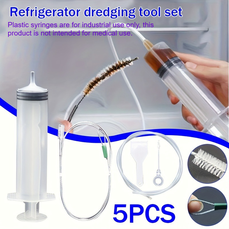 TEMU 5pcs Refrigerator Drain Hole Blockage Remover Kit - Plastic Drain Cleaning Tool Kit, Equipped With Brush, Water Injection Tube And Soft Hose -