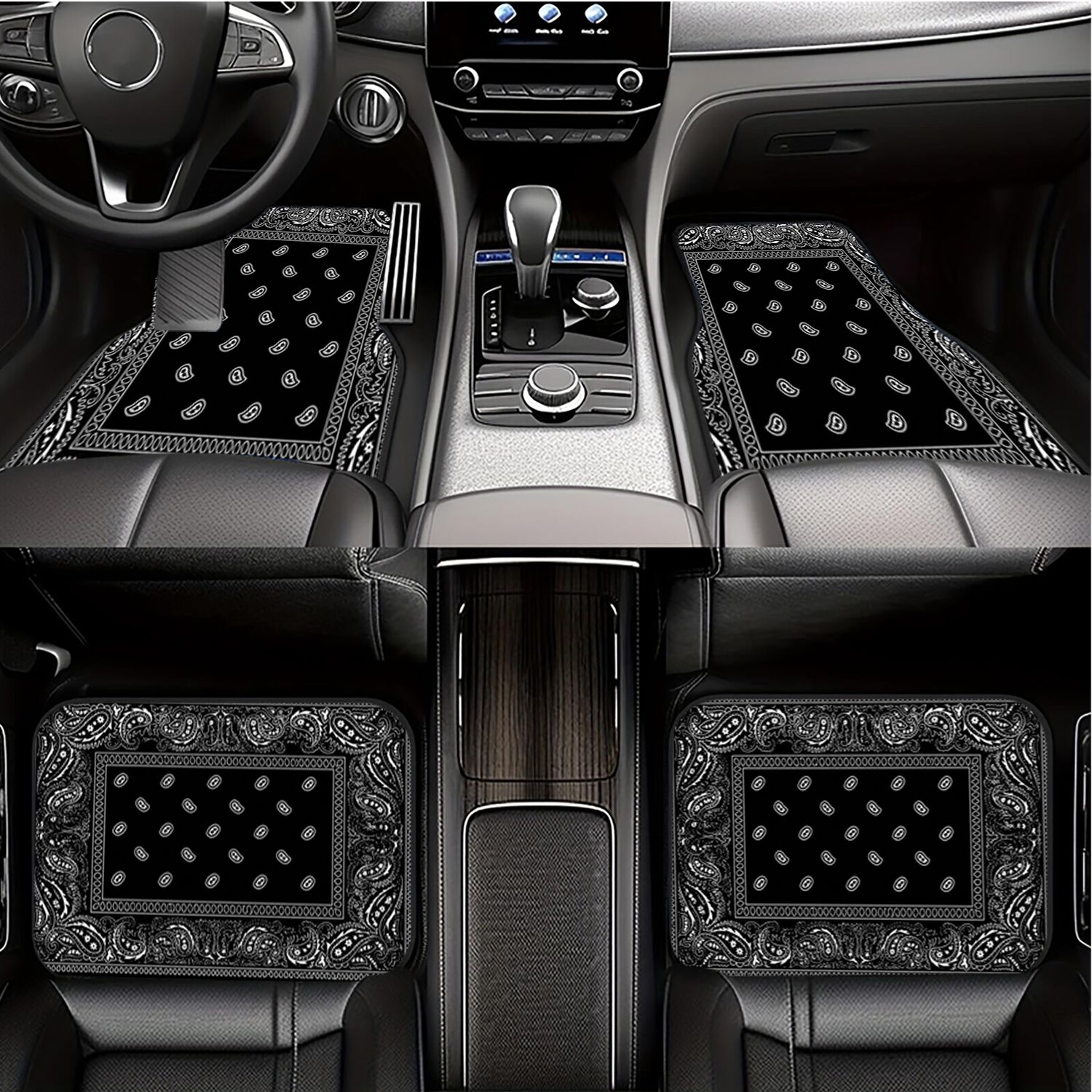 TEMU 2pcs 4pcs Black And White Print Car Floor Mats, Classic Retro Pattern Universal Auto Interior Decoration, Stylish Trendy Vehicle Ground Cover Fo
