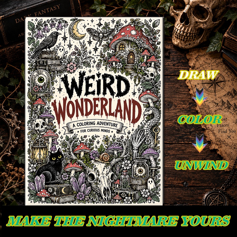 TEMU The Mysterious Weird Wonderland Inside This Coloring Book. Page Is Filled With Whimsical Gothic Artwork Including Mushroom Houses, , Black Cats,