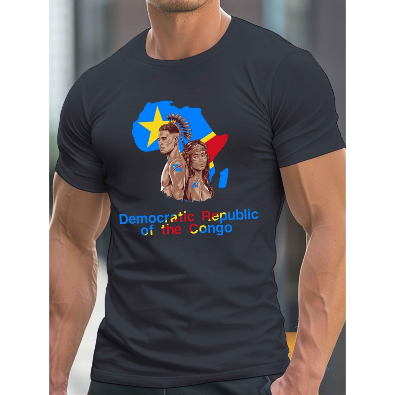 

Men's Democratic The Congo Flag Print T-shirt - Casual Crew Neck, Short Sleeve, Lightweight Polyester Top For Summer, Machine Washable