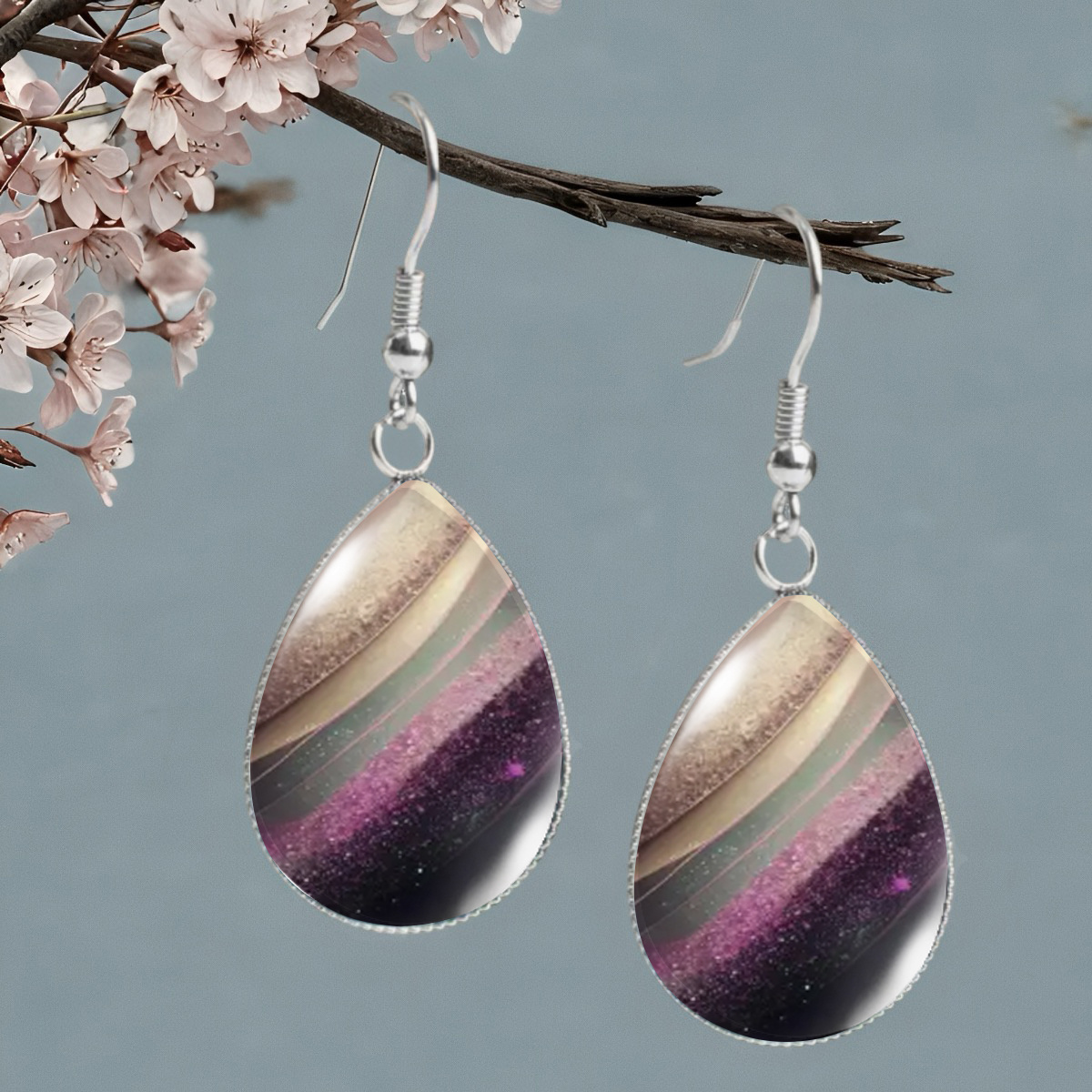 TEMU A Pair Of Gradient Purple, Pink, And Striped Teardrop Earrings, Featuring An Elegant Unisex Design Suitable For Everyday Wear And Vacations,