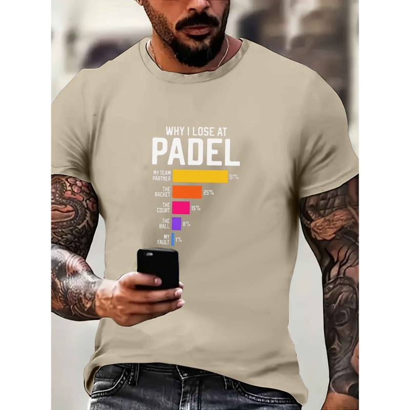 

T-shirt à col rond en polyester pour homme, style décontracté, coupe régulière, manches courtes, tissu tricoté avec une légère extensibilité, avec " je perds au padel", pour l'été,