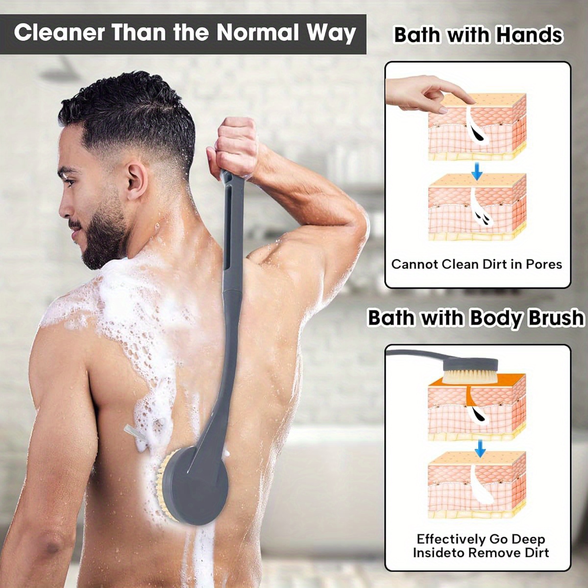 20 5 long handled back scrubber for shower deep cleaning bath brush with   non   soft brush heads for men women grey shower cleaning accessory ergonomic bath brush durable shower brush Product details 5