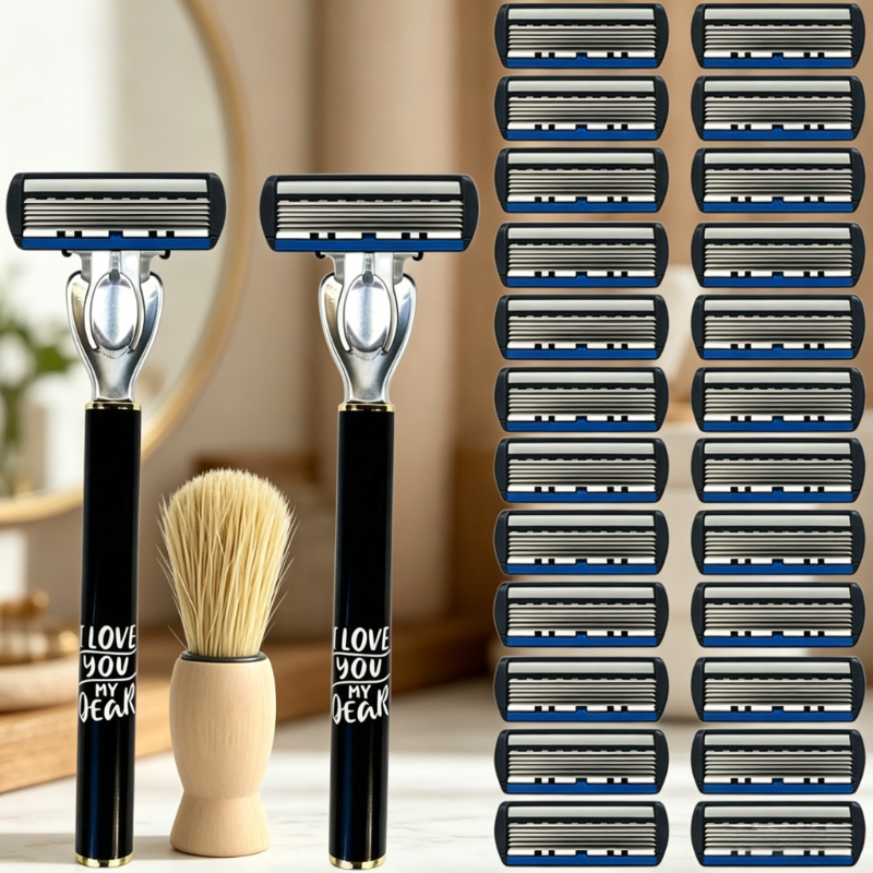 TEMU Men&; Luxury Six-layer Blade Manual Razor Set, Gentle And Smooth Shaving Experience, Includes 2 Black Handles   24 Replacement   Soft Shaving