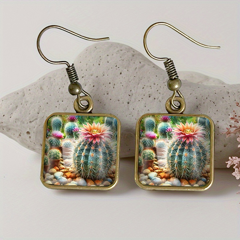 TEMU 1 Pair Cactus Potted Plant Square Earring Retro Glass Dangle Earrings Handmade Jewelry Gift, Without Battery