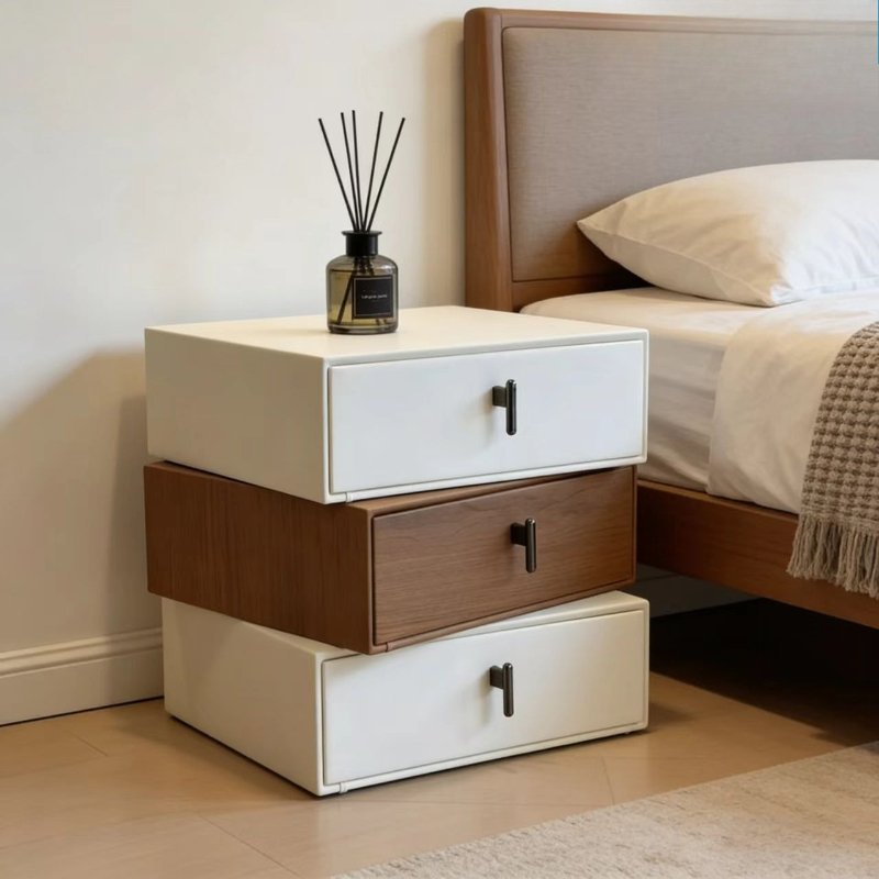 This Modern Three-Layer Wooden Bedside Table Features a Minimalist Design in White And Walnut Wood. It Offers Ample Storage Space for The Bedroom, Is Structurally Stable, Easy to Assemble, And Has a Scratch-Resistant Easy Decorative End