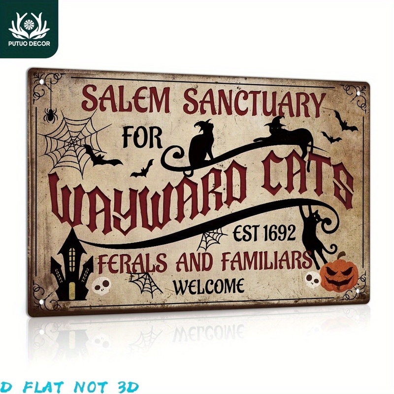 TEMU 【2d Flat】 1pc Vintage Metal Tin Sign Salem For Cats Est 1692 Wall Art With Black Cat Pumpkins Rustic Halloween Home Farmhouse Cafe Shop Spooky