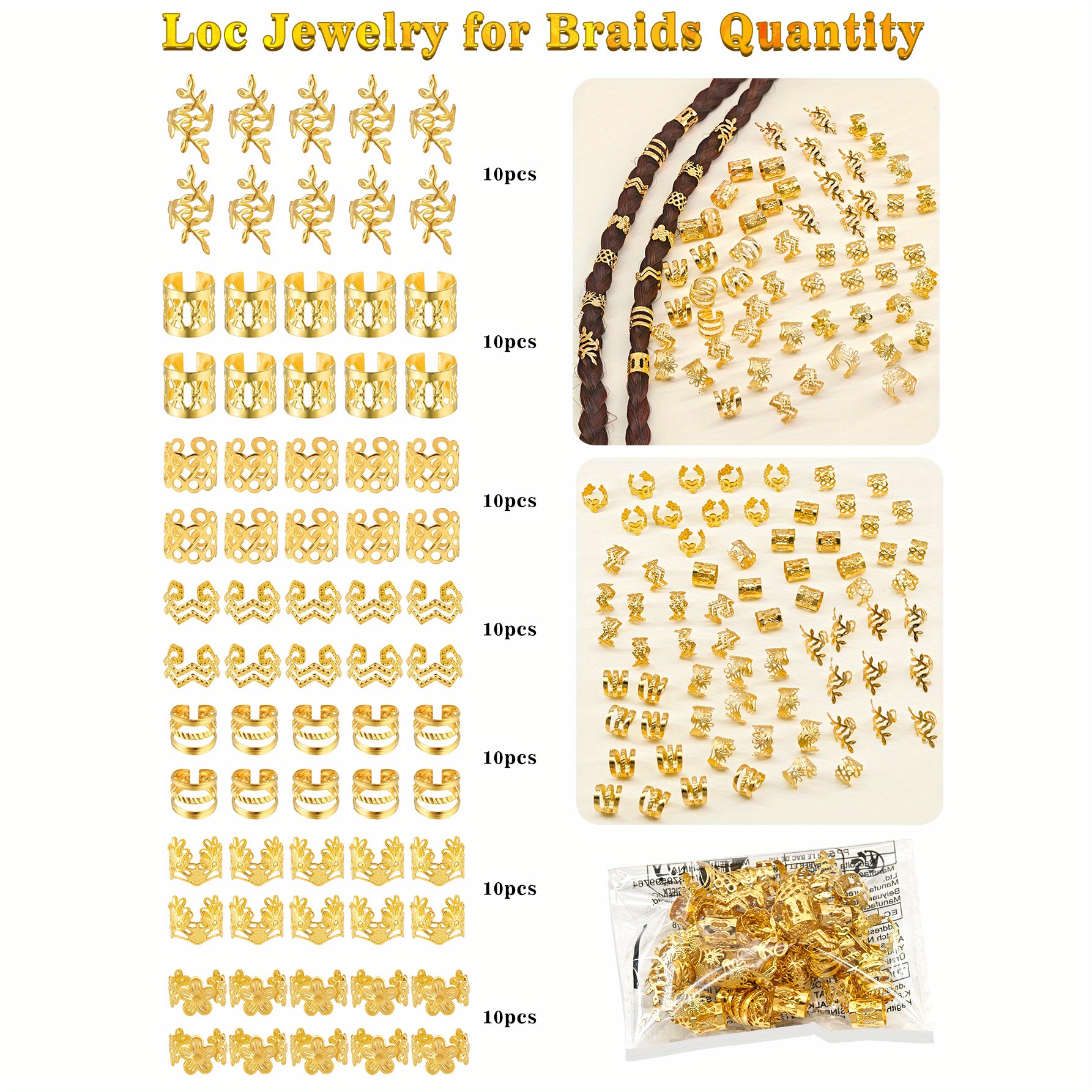 70pcs Hair Beads Hair Cuffs Braiding Hair Rings Hair Charms For Loc Braids Hair Adjustable Braid Hair Jewelry Hair Additions