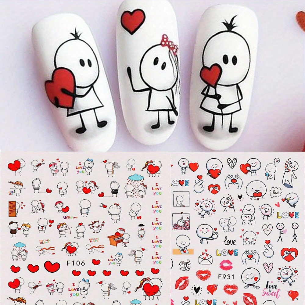 2pcs Cartoon Love Character Nail Stickers - Red Heart & Lips Design, Self-adhesive Diy Nail Decals For Festive , Valentine's Day & More, Nail Art Stickers, Glossy Finish, Easy Application