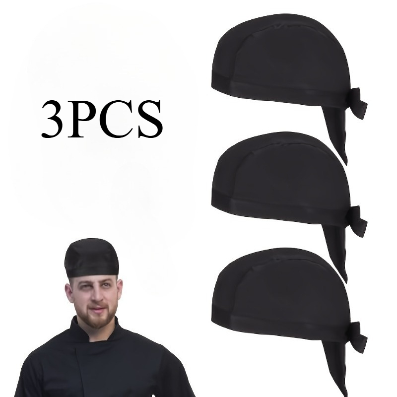 Image of 3-pack Unisex Chef Hats With Adjustable Headband, Breathable Polyester Kitchen Caps, Fitted Drawstring Closure, Hand Wash Only, Woven Service Hats For Restaurant And Catering - Black