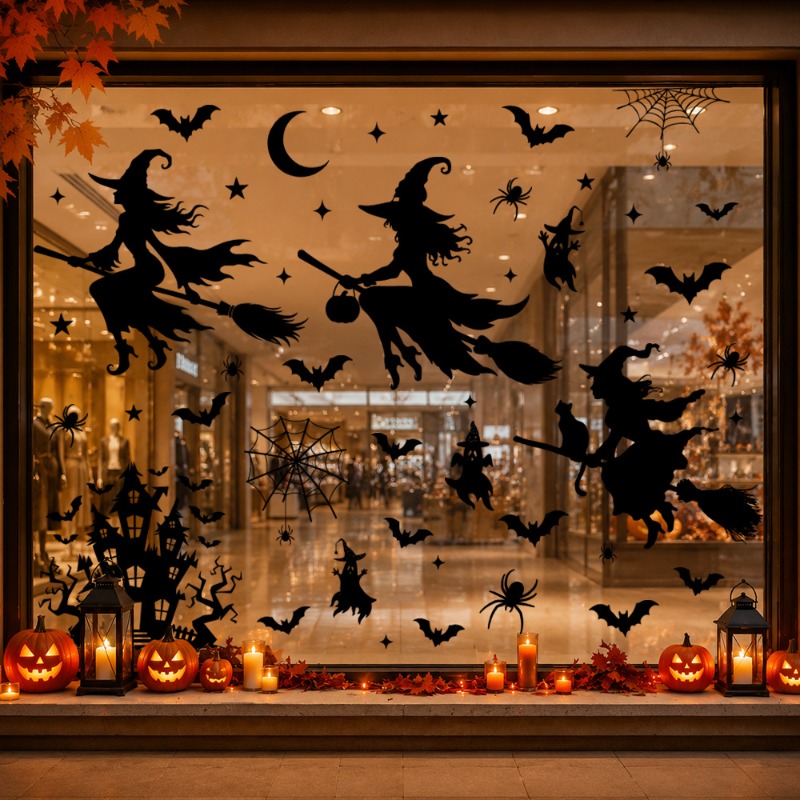 TEMU Gothic Halloween Static Window Decorations, Double Side Witch Window Clings, Flying Witches, Haunted House, Web Decals, Reusable Removable Glass