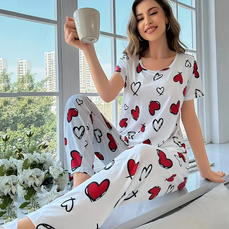 3 sets of 6pcs womens casual polyester white pink top and long pants pajama set heart print fabric short sleeve top with trousers casual loungewear sexy outside Product details 7