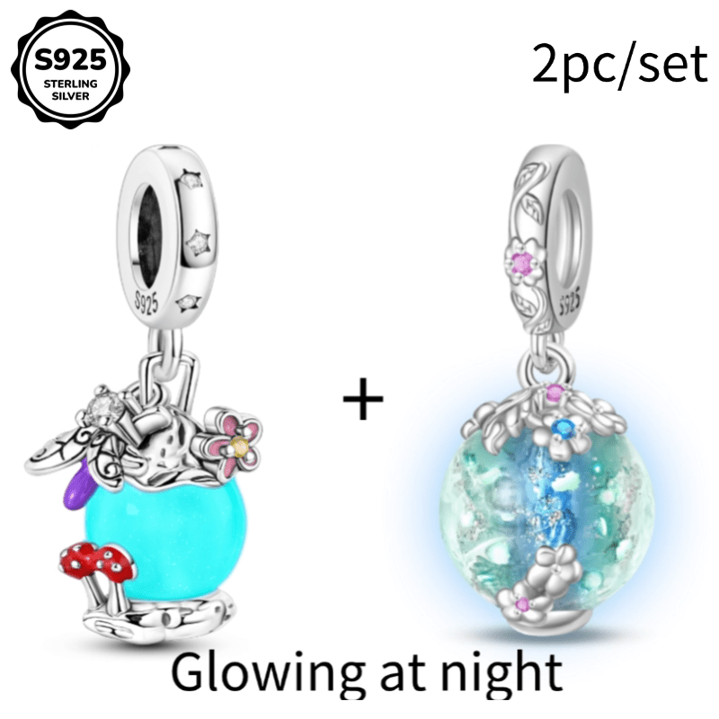 2pcs Of 925 Sterling Silver Luminous Firefly Flower Charm Beads Suitable For Diy Bracelets, Necklaces, Keychains, Exquisite Gift Making