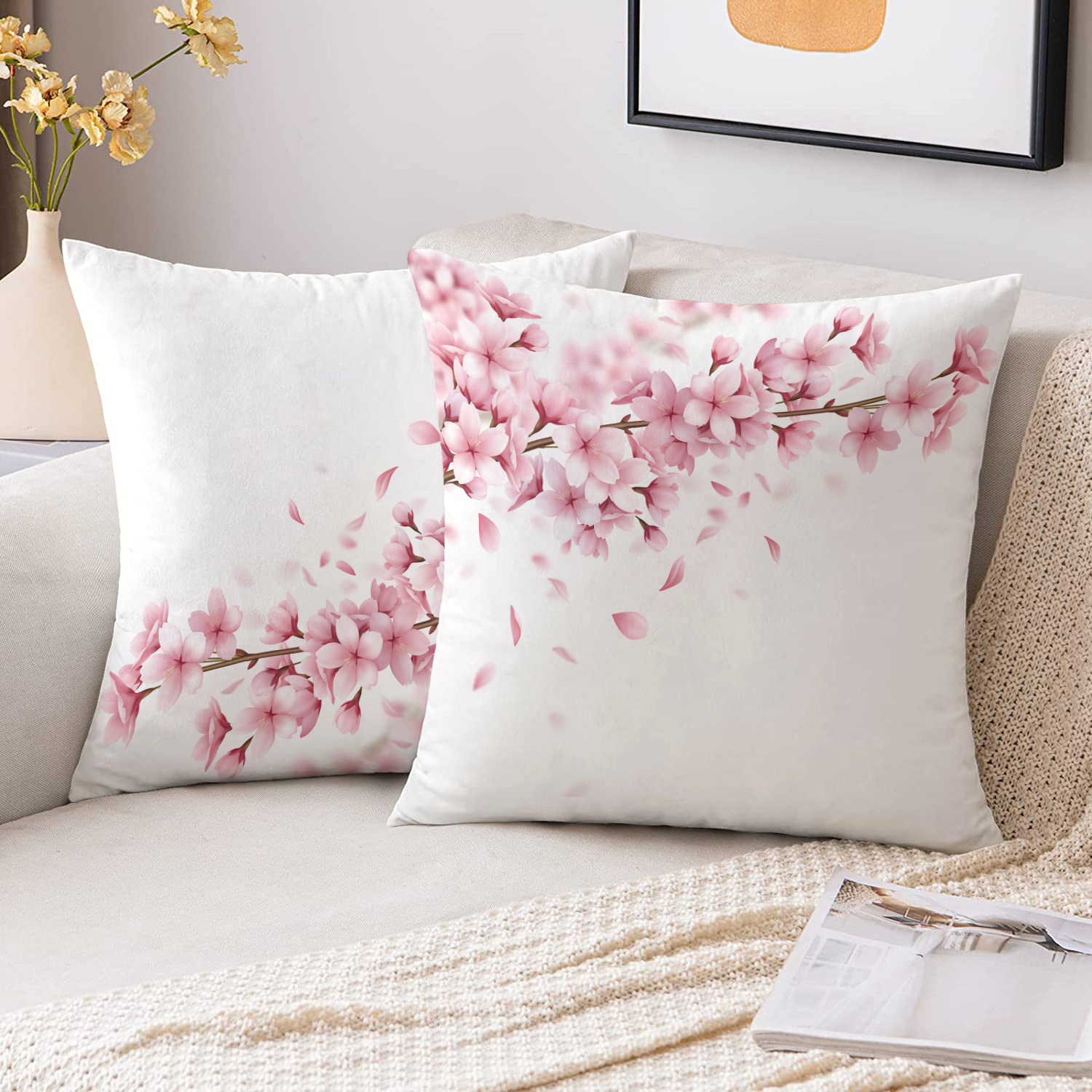 TEMU 2pcs Set Short Plush Fabric Fashionable Romantic Golden Branches And Pink Flowers Pattern Pillowcase, Double-sided Print, 18in*18in, Simple