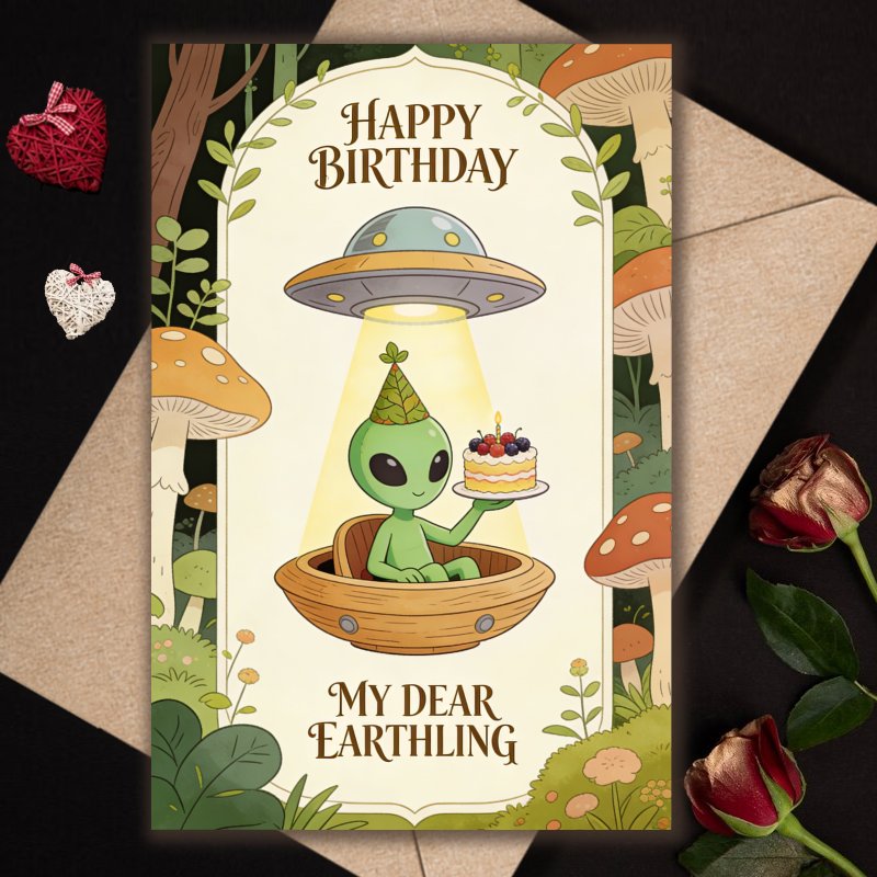 TEMU 1pc Greeting Card + Envelope, Funny Birthday Card With Envelope, Funny Birthday Cards, Birthday Gift With In Ufo & Forest Mushrooms Design,