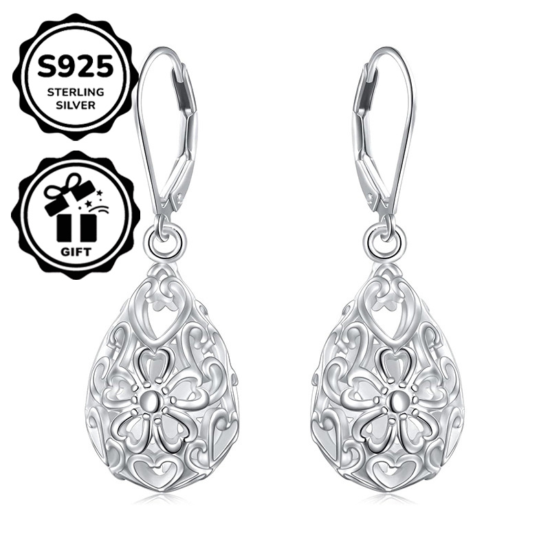 TEMU S925 Silvery Heart Peach Hoop Earrings With Dangle Charm Hollow Tear Bead Shape Sparkling Exquisite Heart Pendant Linear Spinning Earrings Low