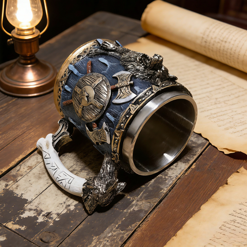 E-shop 1 Stück Wikinger Bierkrug, 3D Drachengriff Axt Schild Gravur Resin Becher mit Edelstahl-Innenfutter, Nordisches Trinkgefäß für Hausbar Pub,