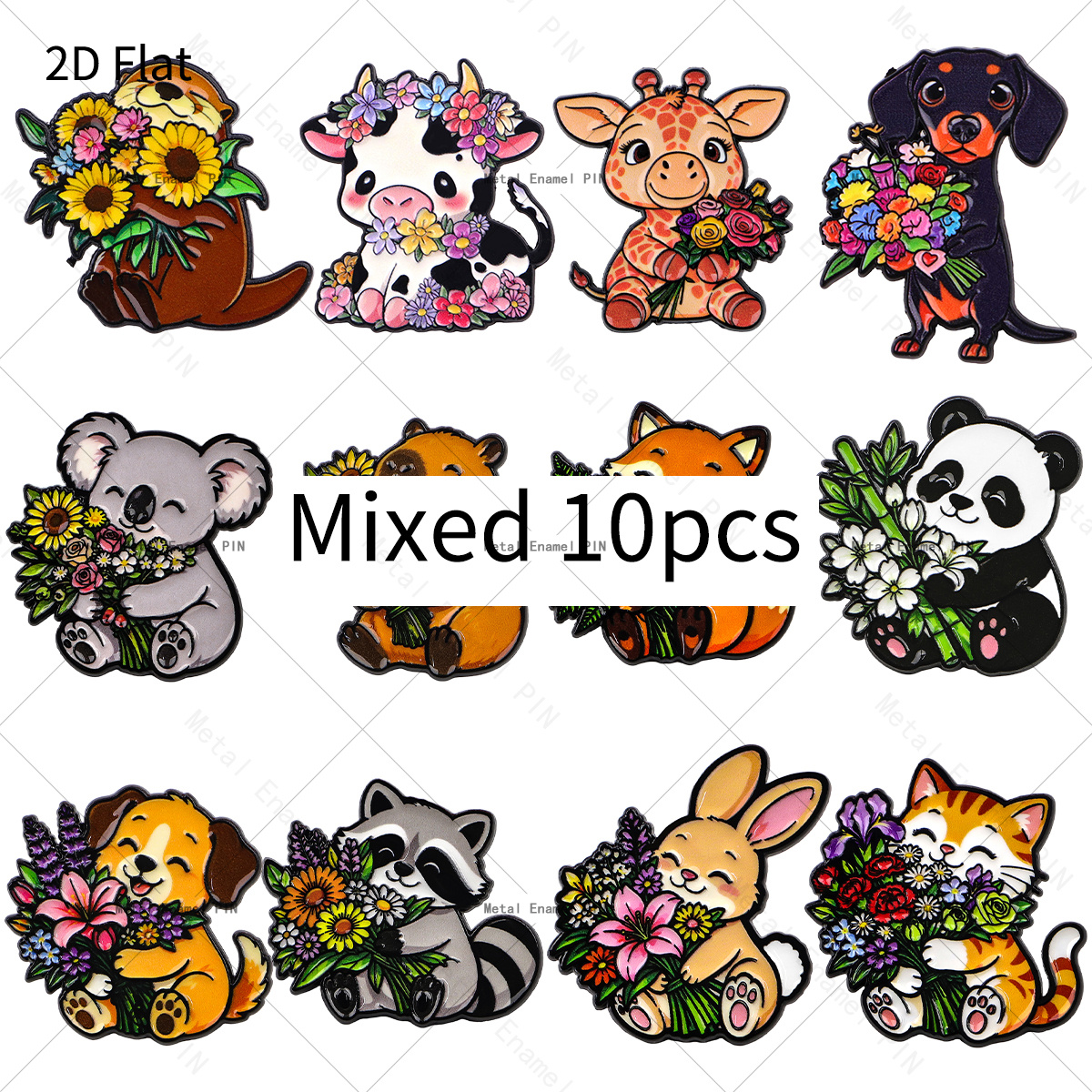 TEMU 2d Flat, 10pcs/set 2d Flat Cute Animal Holding Flower Lapel Enamel Pins And Brooches Badge Pins For Backpacks Bags Backpack Cool Decoration