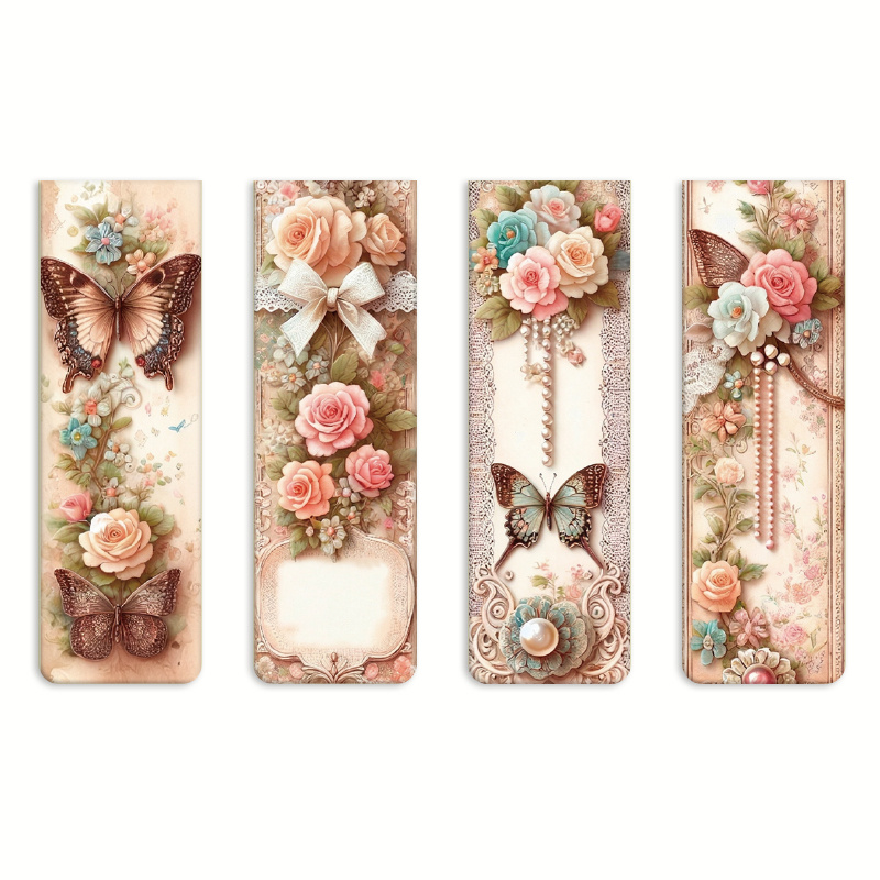 TEMU 4pcs Magnetic Bookmarks, 4 Count Aesthetic Floral Lace Page Markers, Retro Elegant Themed Reading Additions For Flower Lovers, And Students