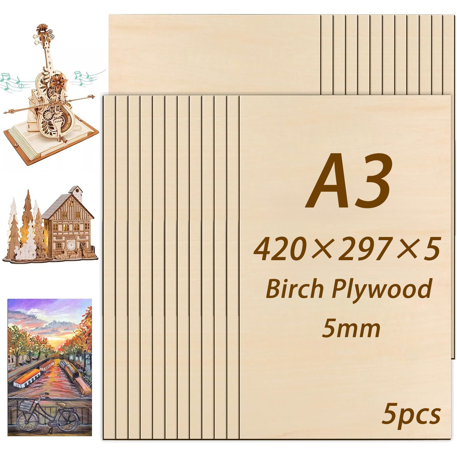 Image of 5pcs 21pcs 36pcs Birch Plywood 420×297×5mm High-quality Craft Wood Panels Unfinished Wood Panels, Plywood, Natural Wood Grain, , 5mm Suitable For Laser Engraving, Cnc Cutting, Wood Carving, Crafts