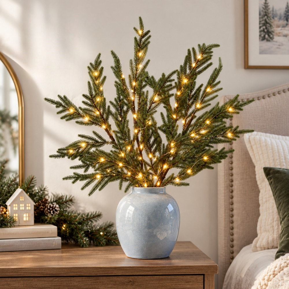 TEMU 1 Set Christmas Glowing Norfolk Pine Decoration [50led Lights] [65cm/25.] Indoor String Lights, Recommended For Porch, Fireplace Table And Side