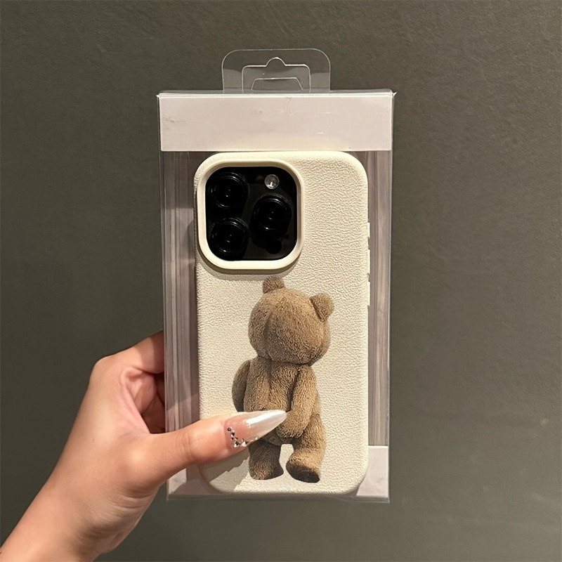 TEMU Phone Case - Teddy Bear Pattern Lychee Texture Phone Case For 16 15 14 13 12 Pro , Individual Protective Cover, Fashionable Phone Case, Easy