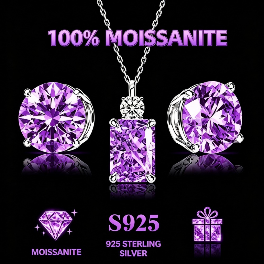 TEMU 2pcs Set Women's Fashion 925 Sterling Silvery Four-prong Earrings Set With Purple Moissanite And Purple Crushed Ice Cut Design 95 Sterling