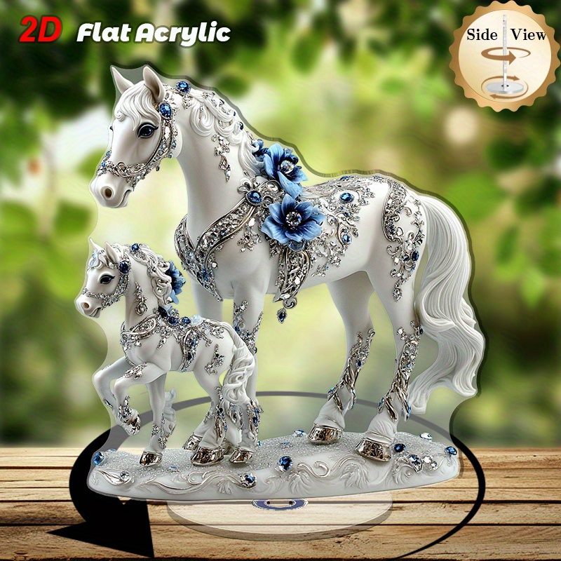 TEMU 2d Flat, 2d Plane, 1 Rotating Acrylic , With A Royal White Horse And A Foal- An Elegant 2d Rotating Horse Ornament, Suitable Office And Home