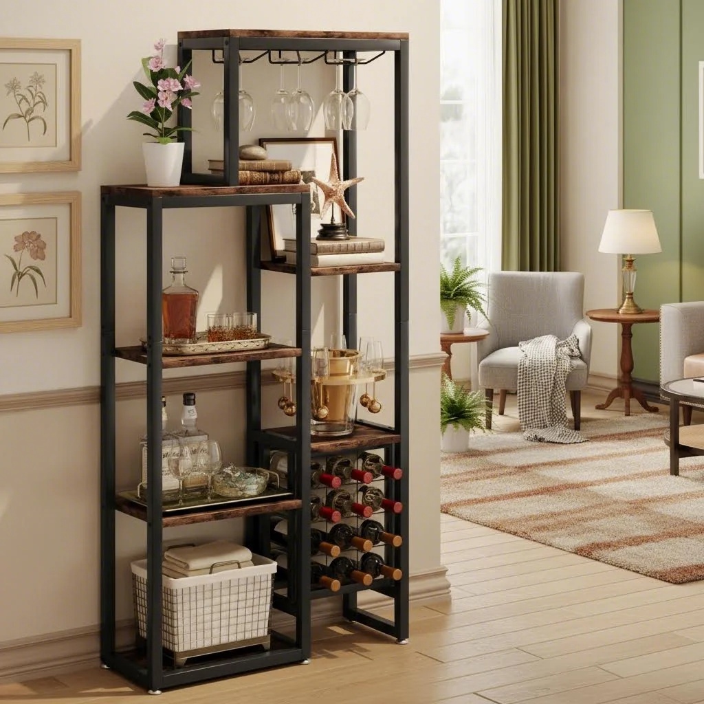 5-level Industrial Wine Baker Shelf With Glass Storage And Shelves For Home Bar Or Kitchen (1 Unit)