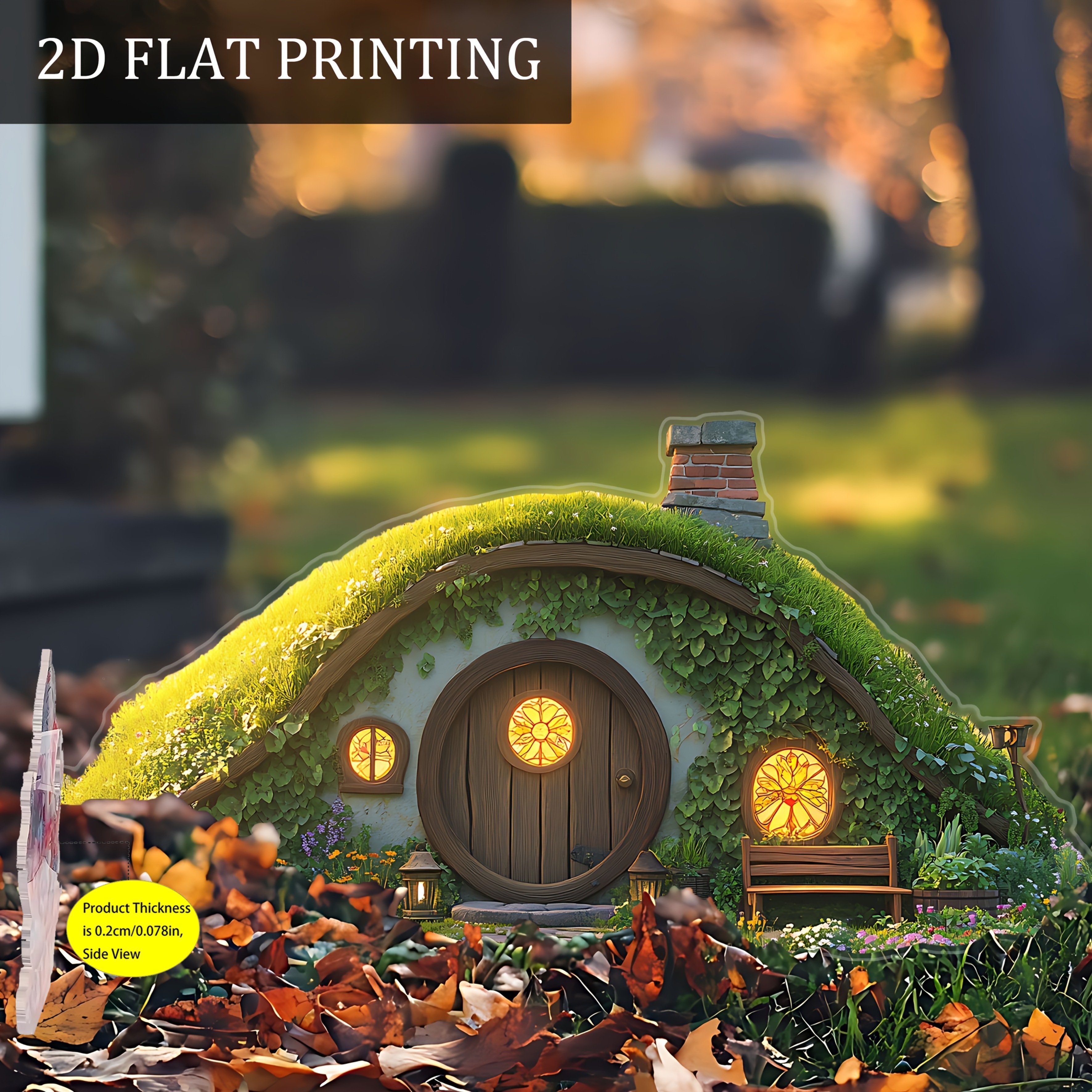 E-shop 2D-Flach, . Hügel--Gartenstecker-Dekoration – Authentisches rustikales Außendekor mit Moosdach, Holztür Bank, ideal für Topflandschaften, Höfe