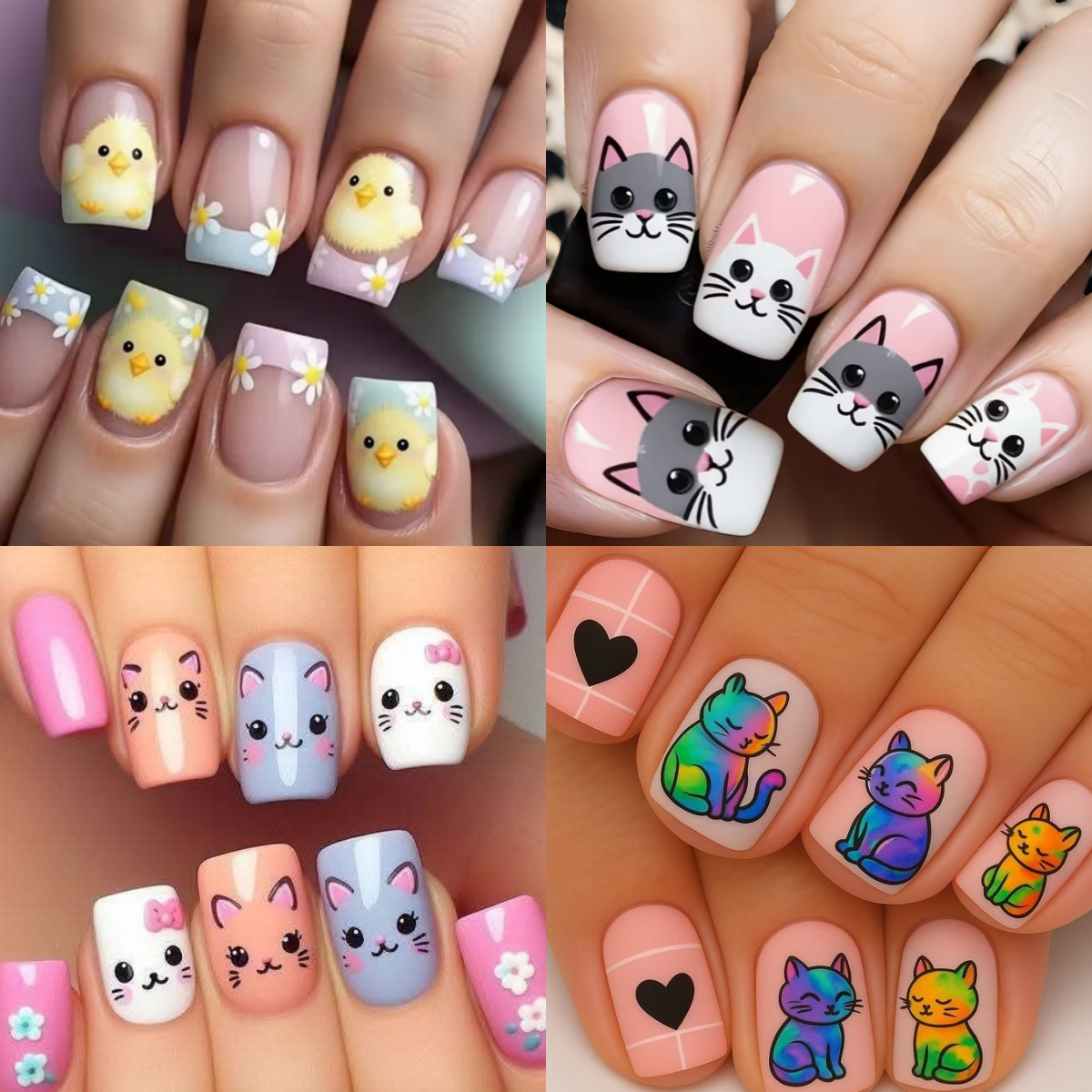 TEMU 96pcs Cute Cat & Little Yellow Duck Cartoon Pattern Press-on Nails For Women, Detachable Medium-length European Square Fake Nails, Reusable