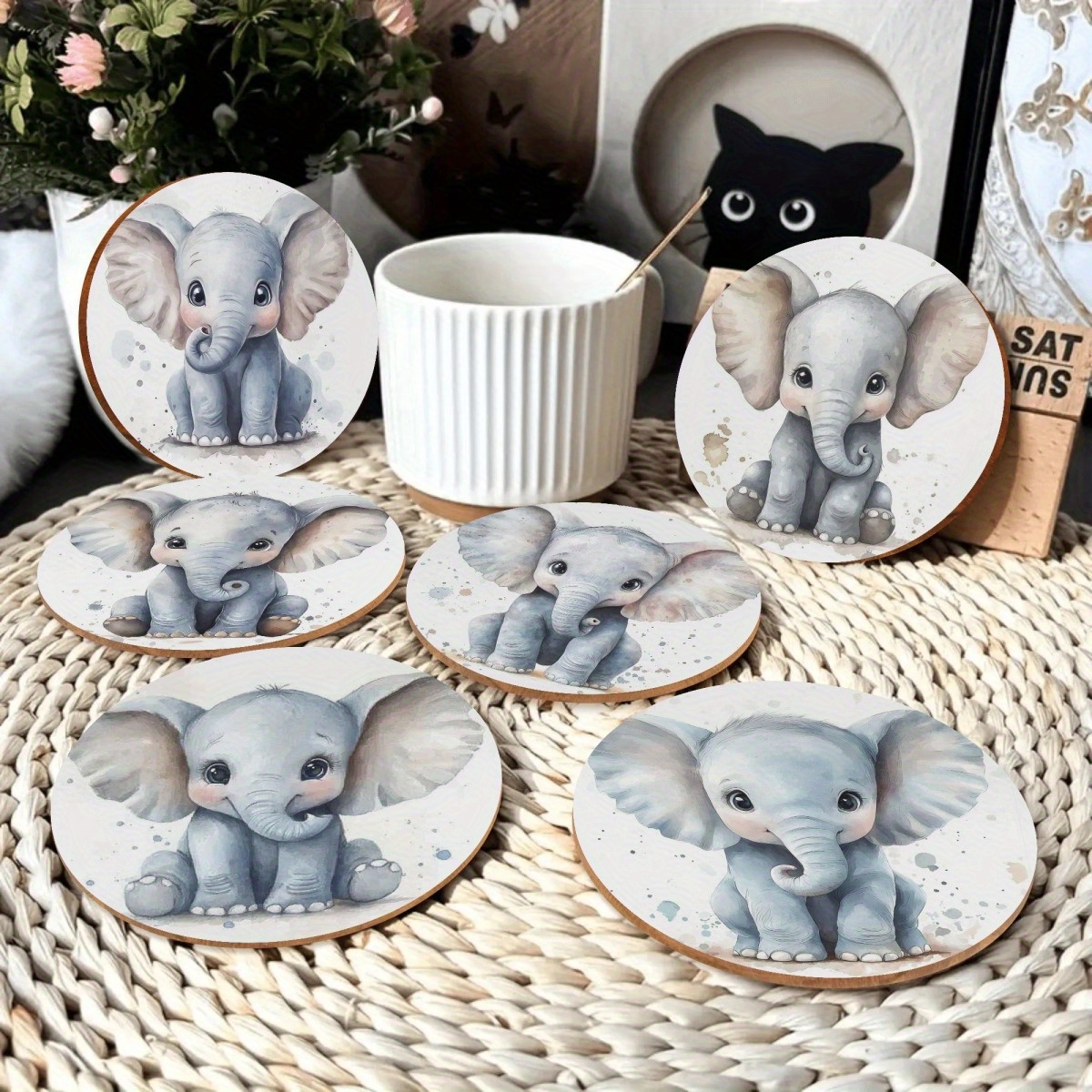 TEMU 6pcs Wood Elephant Coasters Suitable For Cups, Table Protectors With Cute Cartoon , Wood Grain For Hot Drinks - Housewarming/birthday Gifts For,