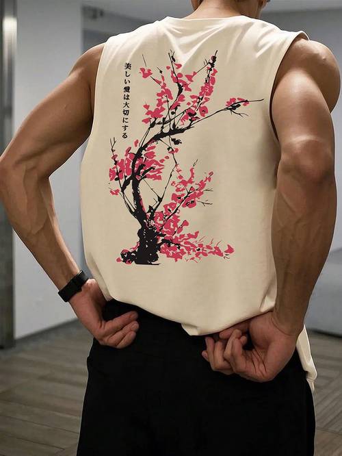 mens casual athletic vest lightweight breathable knit fabric japanese and tree pattern print round neck sleeveless top suitable for gym and casual wear