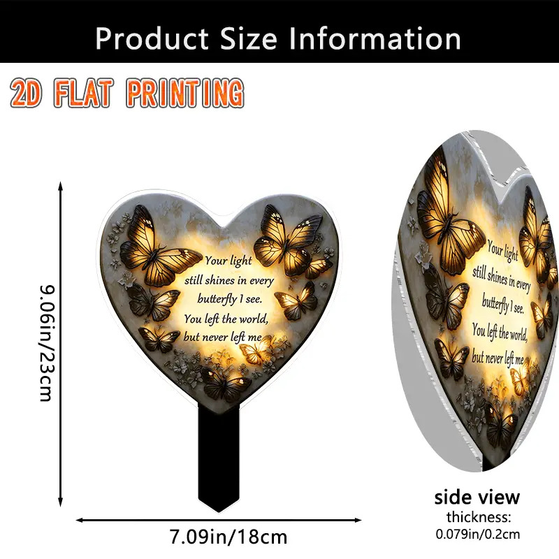 TEMU 【2D Plat】 2D Plat, Impression 2D Plat, 1 Piquet de Jardin Commémoratif Lumineux Auto- - Impression 2D Plat de Cœur avec Papillon Lumineux et