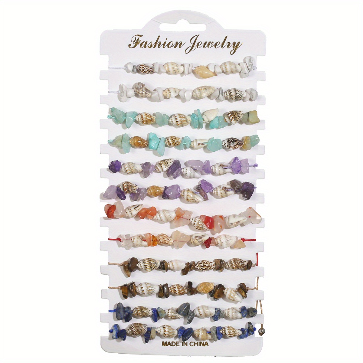 E-shop 12-teiliges Urlaubs-Strand-Muschel-Armband mit mehrfarbigem Kies bunt geflochtenen , Bohemian Style Freizeit vielseiteig Arbeit Fußkettchen