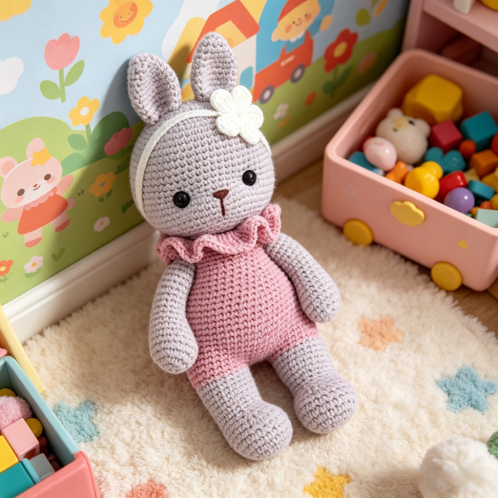 1pc cute bunny crochet kit for beginners complete amigurumi rabbit plush doll craft set with all materials yarn tools step by step instructions handmade knitted bunny with flower headband perfect gift for kids   home decor Product details 0
