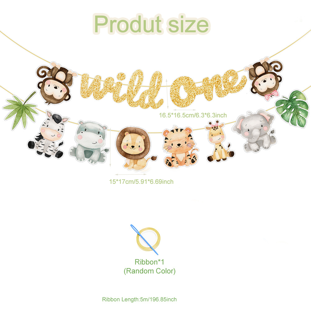 Image of Animal For Wild 1 Happy Birthday Banner 1st Birthday Banner With 1pc Random Color Ribbon Suitable For Wild 1 Birthday Party Needs, Gender Reveal Party, Animal Party Banner