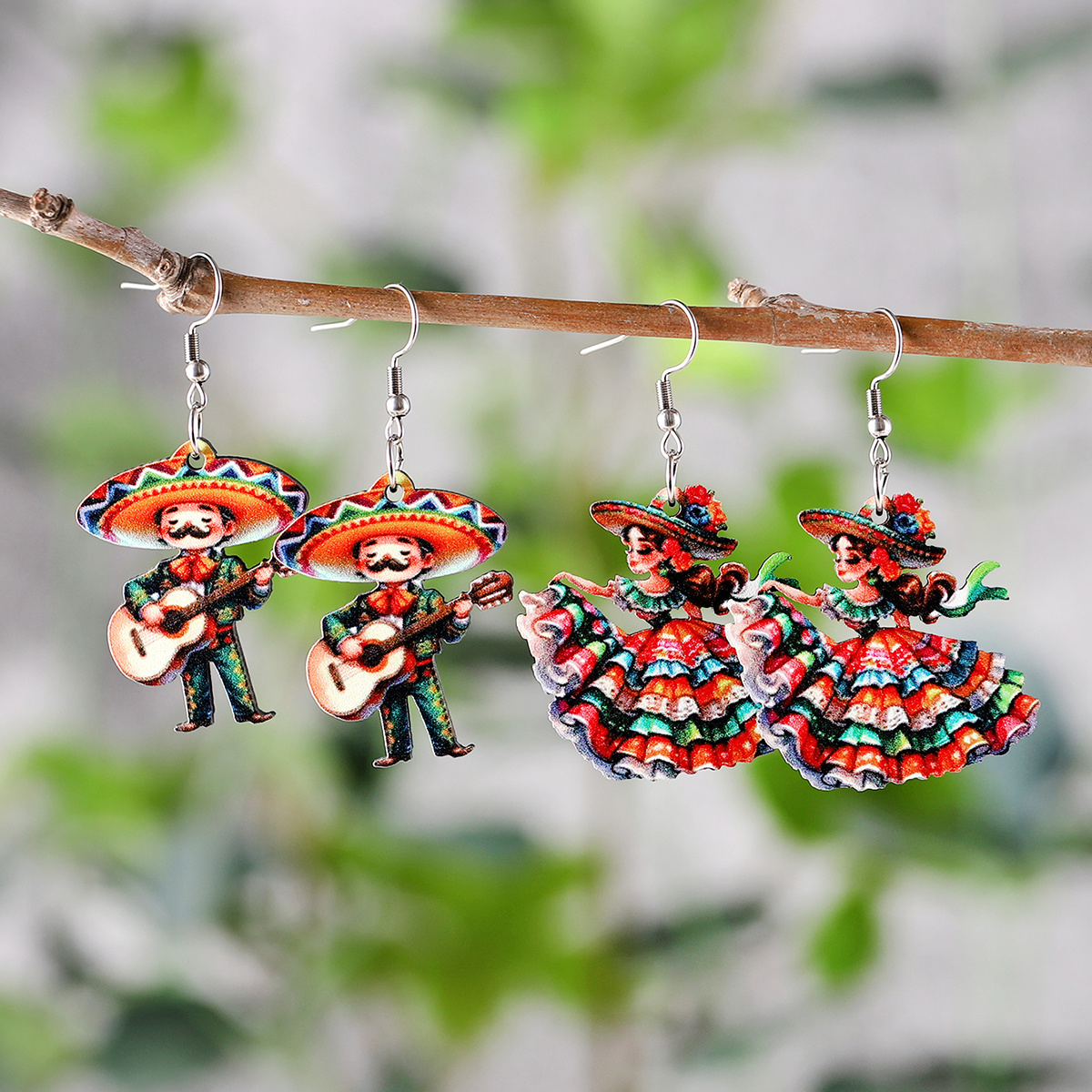TEMU 2 Paires de Boucles d'Oreilles Mexicaines Jour des Morts de Mayo Ensemble Chapeau de Paille Vintage Guitare de Dessin Animé Pendentif Boucles