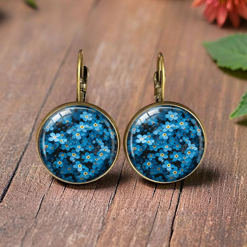 TEMU Boucles d'oreilles rondes en verre illustrées de style "Herbe à bleue", bijoux de mode, cadeau, pile