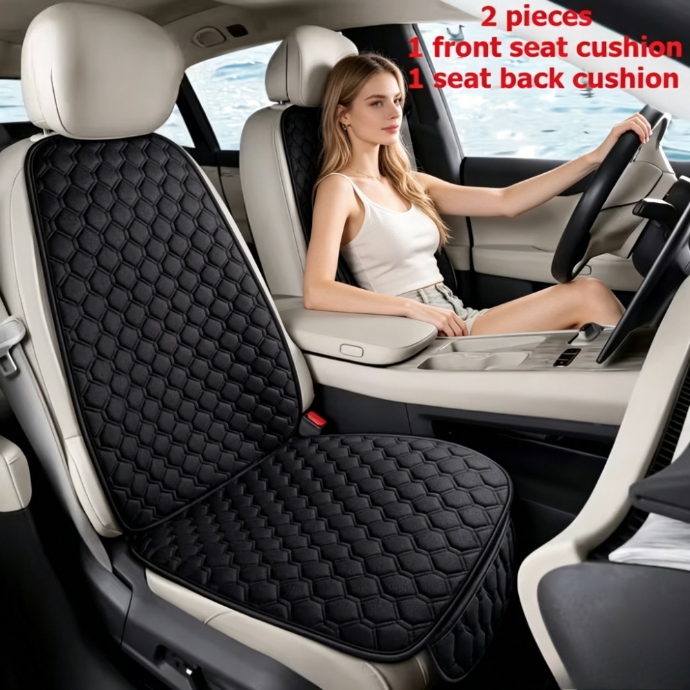 TEMU 2pcs Car Front Seat Cushion And Backrest Cover, Linen Texture Universal Auto Seat Pad With Storage Pocket, And Remove