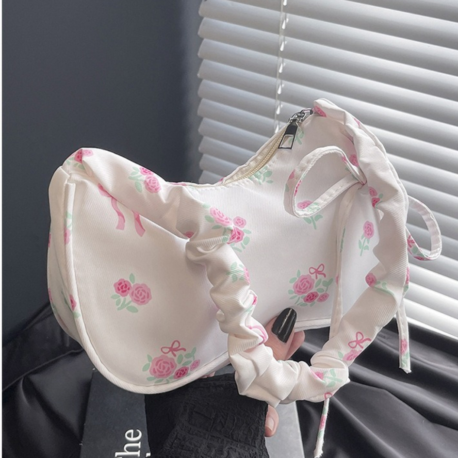 TEMU Bolso de único para mujer, bolso de mano plisado con estampado floral, fresco y diseño de media luna, correa recogida y cierre de cordón para