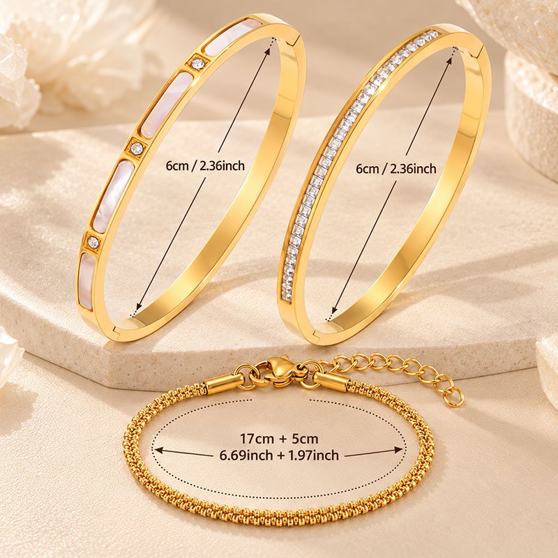 3pcs Stackable Bracelet Set with Synthetic Zirconia, Adjustable