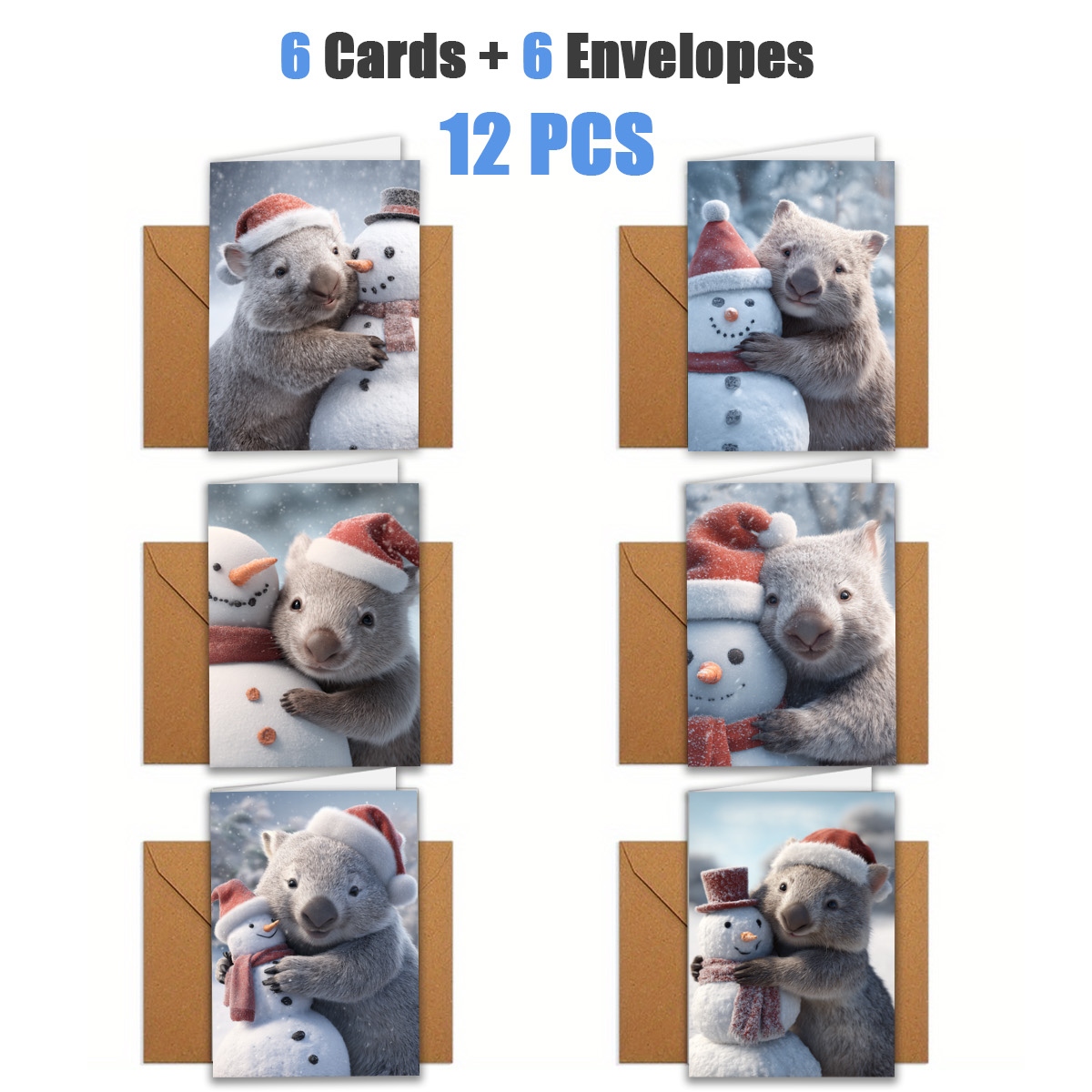 TEMU 1set/ 12pcs/ 24pcs Christmas Wombat Hugging Snowman Smiling Greeting Card | Includes Envelope, Greeting Card | Birthdays, Celebrations And Thank