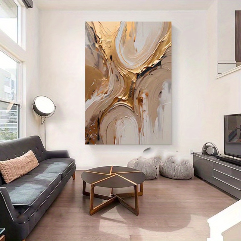 Hand-Painted Modern Abstract Oil Painting - Gray & Golden Texture Brushwork Nordic Wall Art with Wooden Frame, Textured Mural for Living Room, - Neutral Scandinavian Paintings for Home Decoration