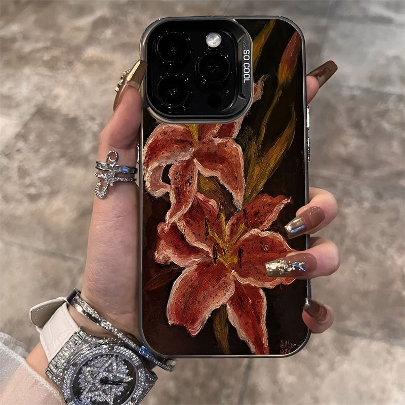Oil Painting Lily Flower Vintage Pattern Suitable for TPU Case for iPhone 16 PRO MAX, iPhone 15/14 PLUS/13 Pro/12/X/XR/XS MAX Durable Anti-Drop Colorful Silvery Protective Cover with High Aesthetic Appeal - Image 5
