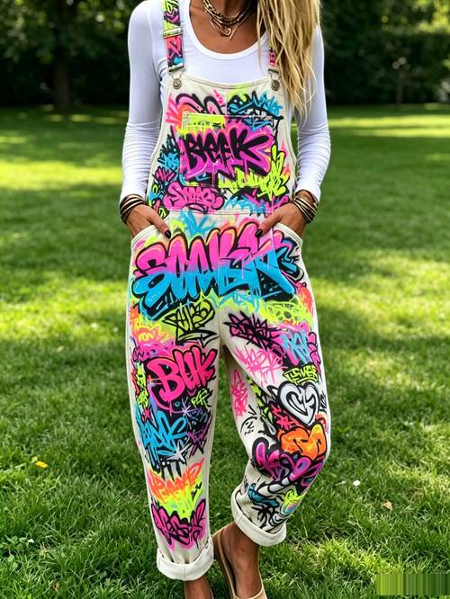 plus size womens graffiti print overalls casual loose fit summer new style street style retro long pants