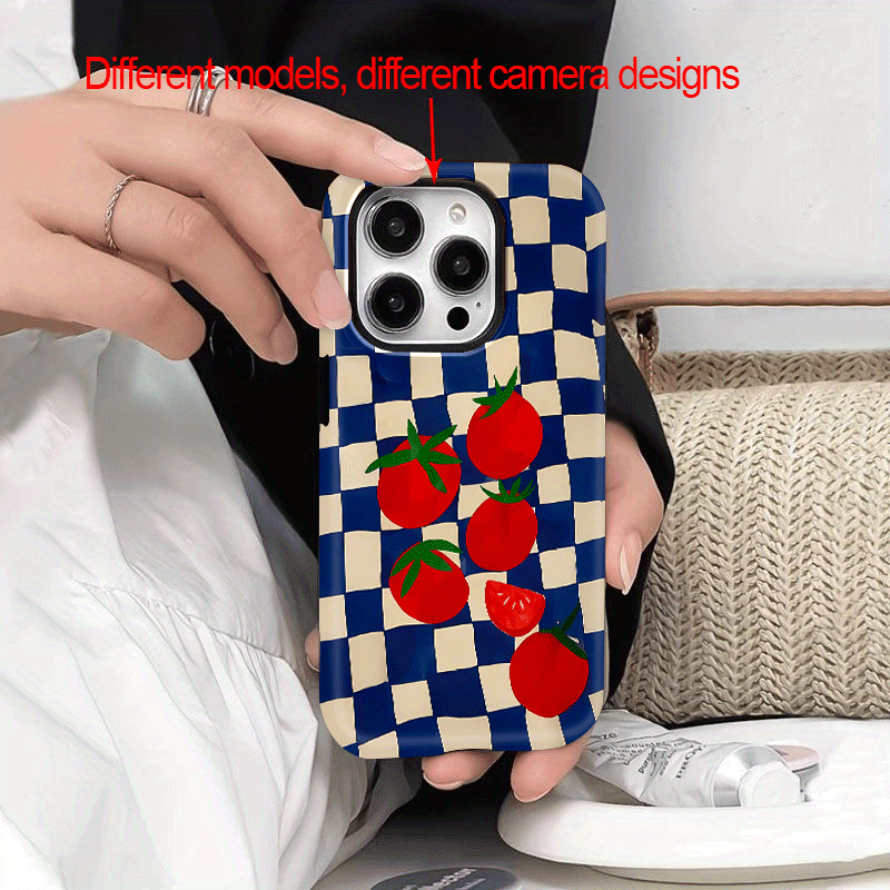 TEMU Phone Case: Checkered Tomato Art Double-layer Protective Mobile Phone Case - Sturdy, Durable And Shockproof, Suitable For Iphone 16 16e 15 14 13